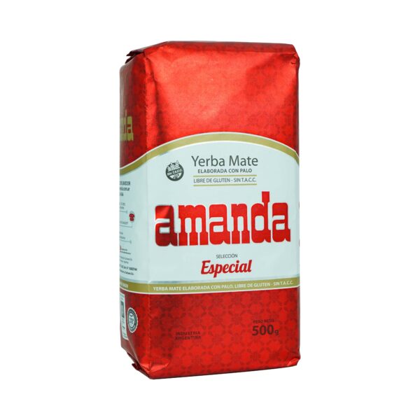 Red pack of yerba mate with a white label of the Amanda Brand