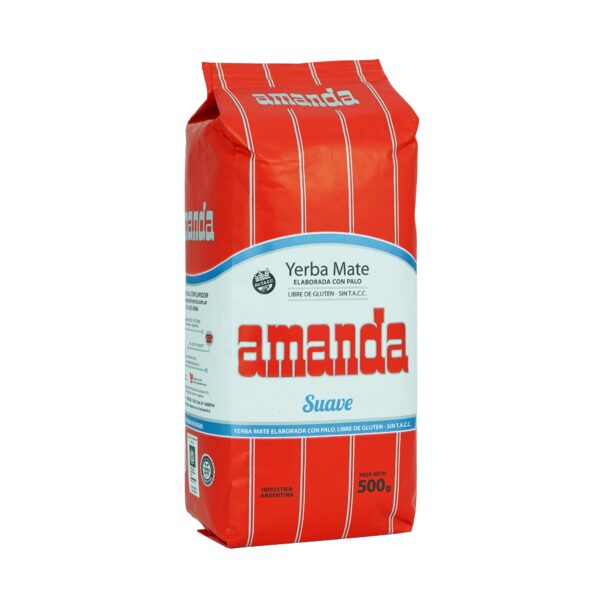Red pack of Yerba Mate with a white label of the bran Amanda