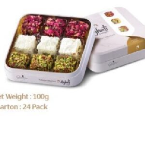 A opened box of Aghati Halqoum Turkish Delight Assorted Delights, 100g – imported from Jordan, showing colorful pieces with pistachio, coconut, and fruit flavors.