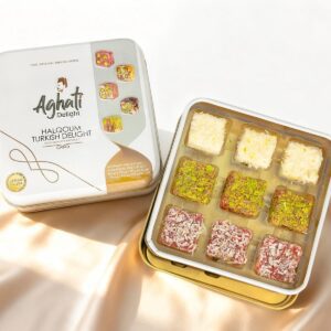 A box of Aghati Halqoum Turkish Delight Assorted Delights, 100g – imported from Jordan, showing colorful pieces with pistachio, coconut, and fruit flavors.